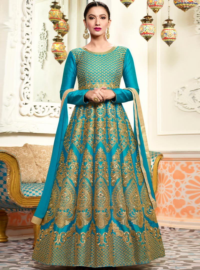 Gauhar Khan Sky Blue Silk Ankle Length Anarkali Suit 118370