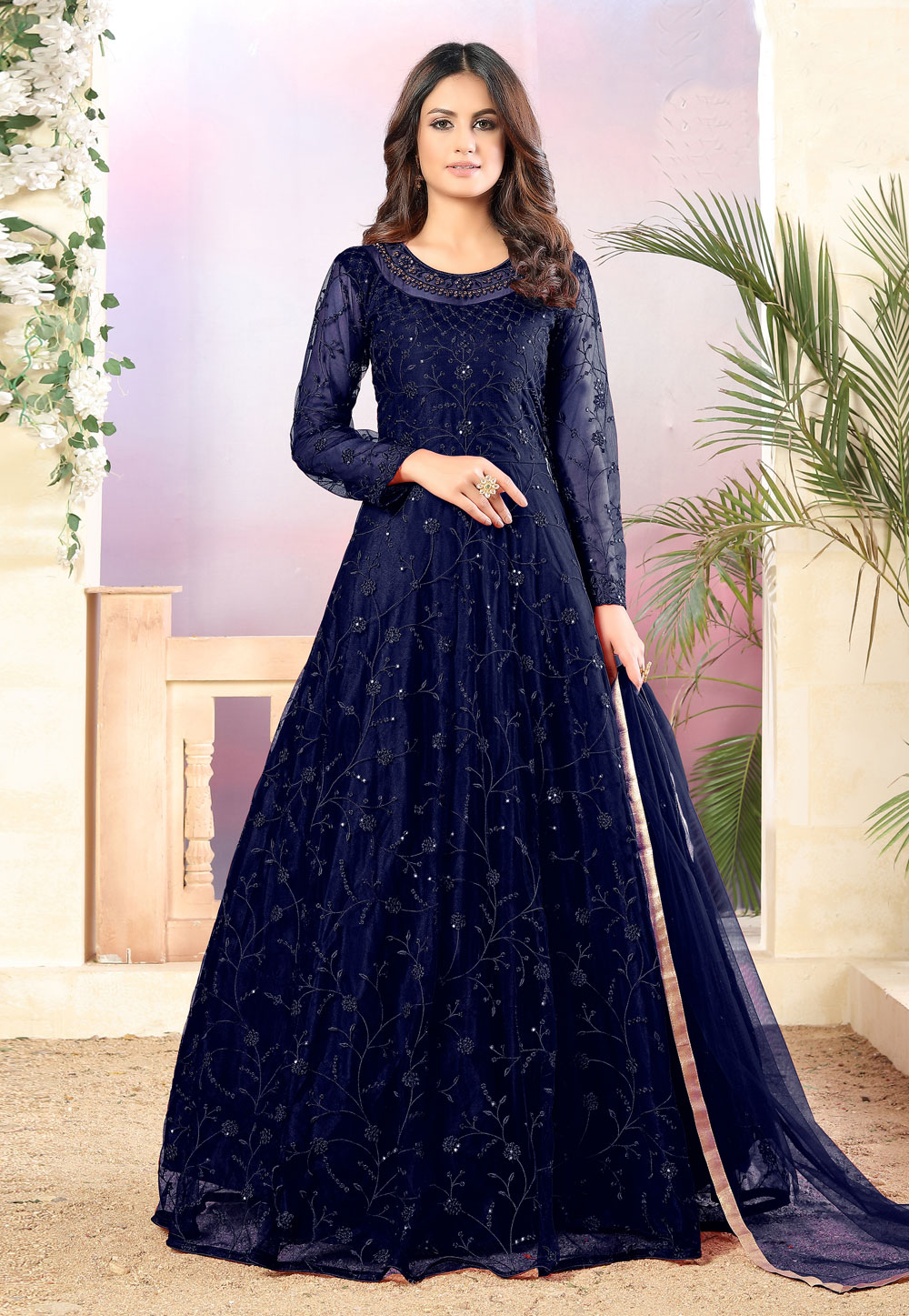 Blue Net Embroidered Abaya Style Anarkali Suit 211899