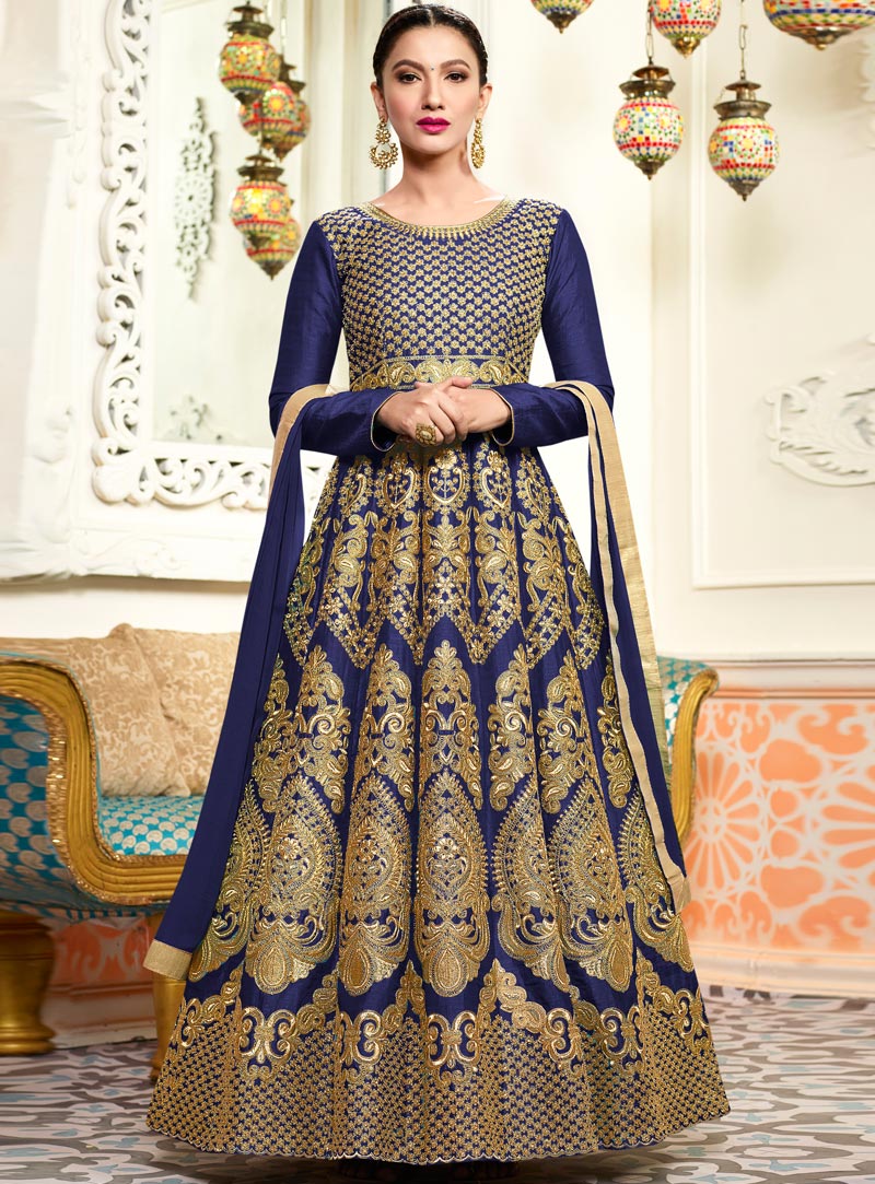 Gauhar Khan Navy Blue Silk Long Anarkali Suit 118371