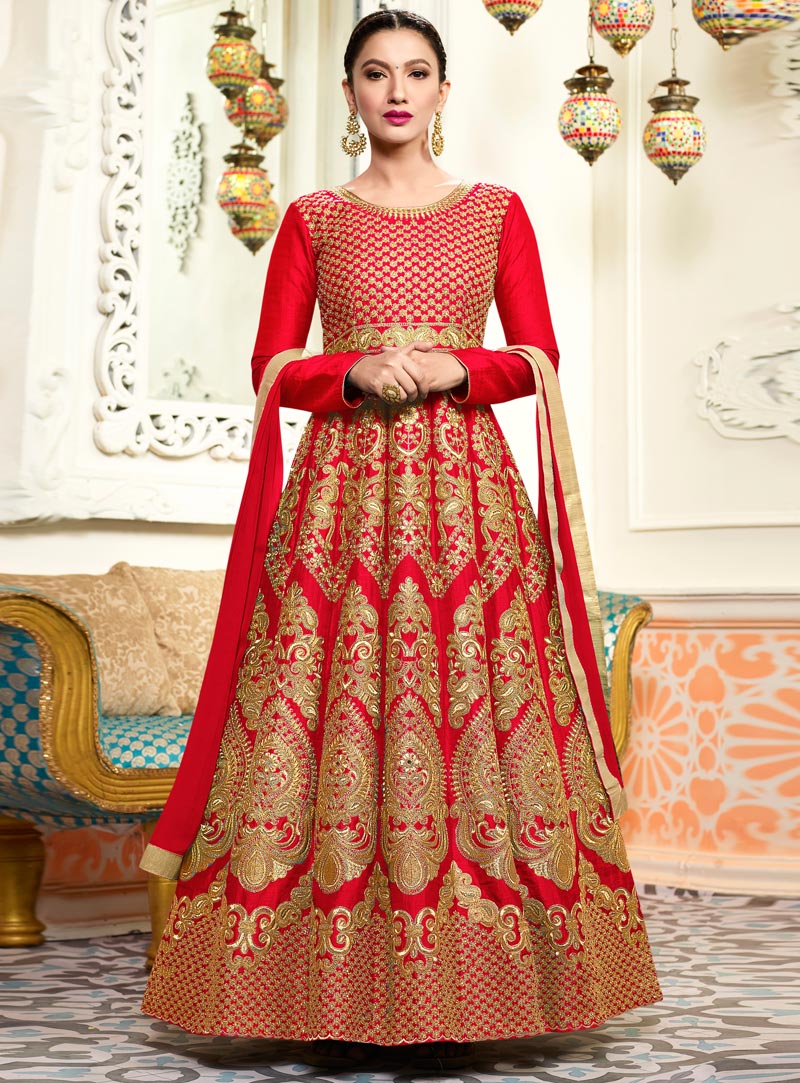 Gauhar Khan Red Silk Ankle Length Anarkali Suit 118372