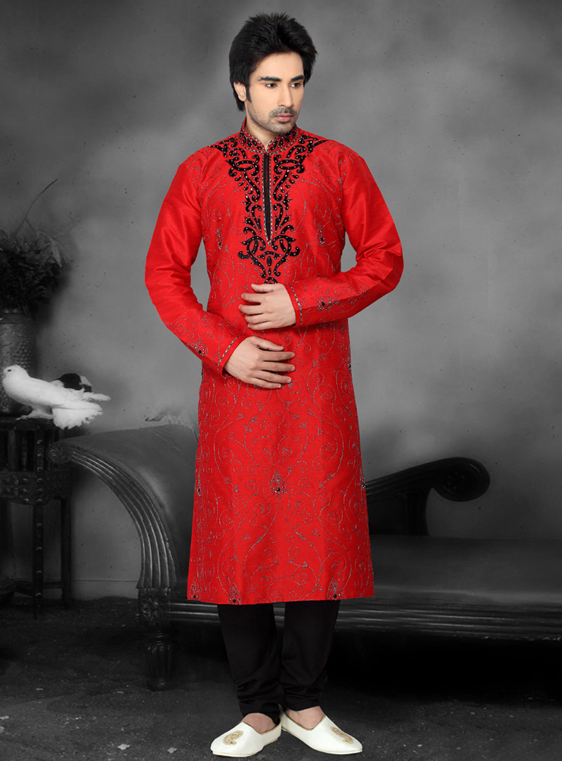 Red Art Dupion Readymade Kurta Pajama 87927