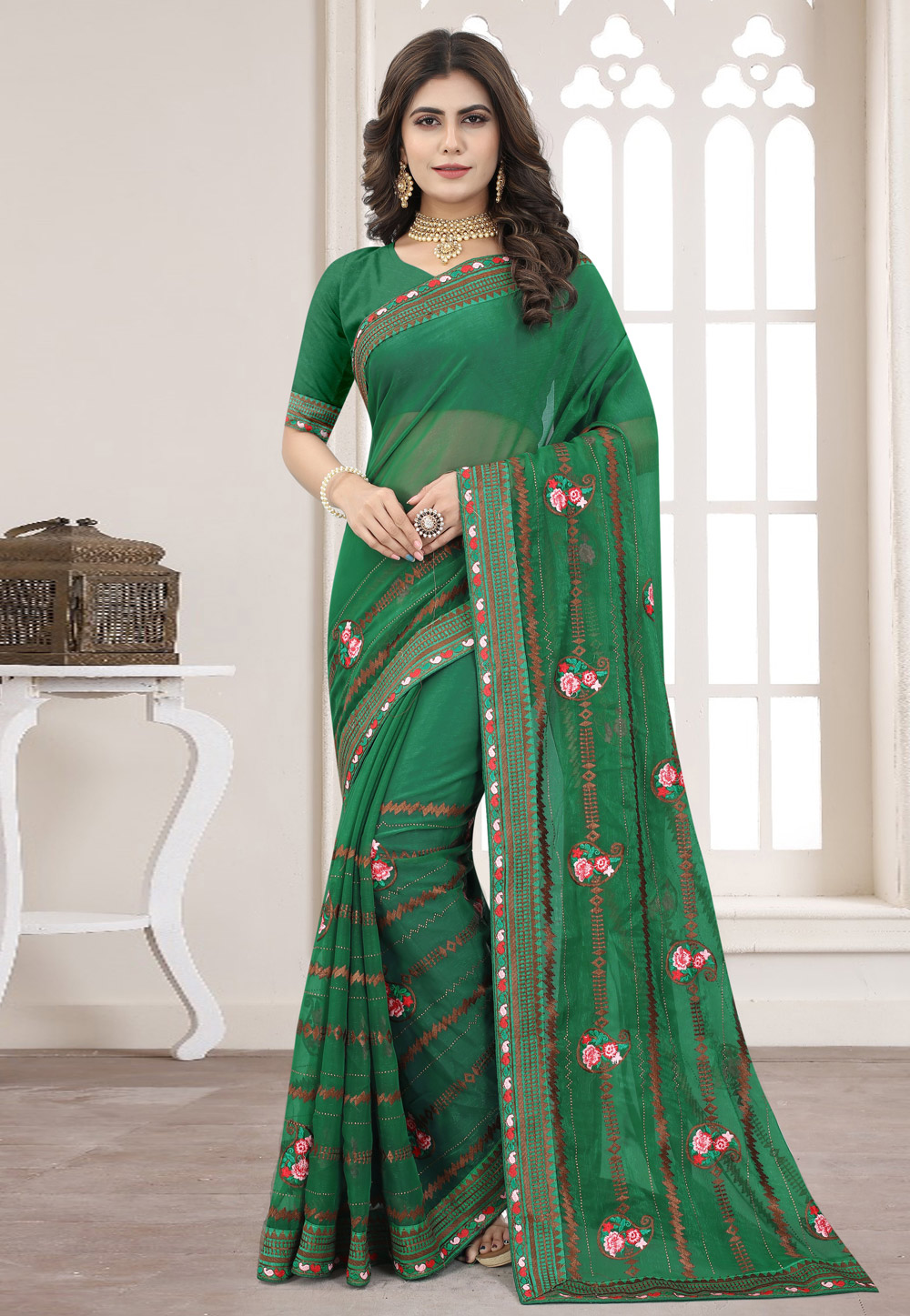 Green Silk Saree With Blouse 258345