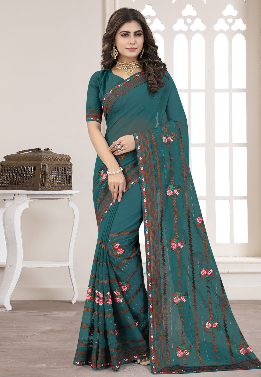 Teal Silk Saree With Blouse 258348