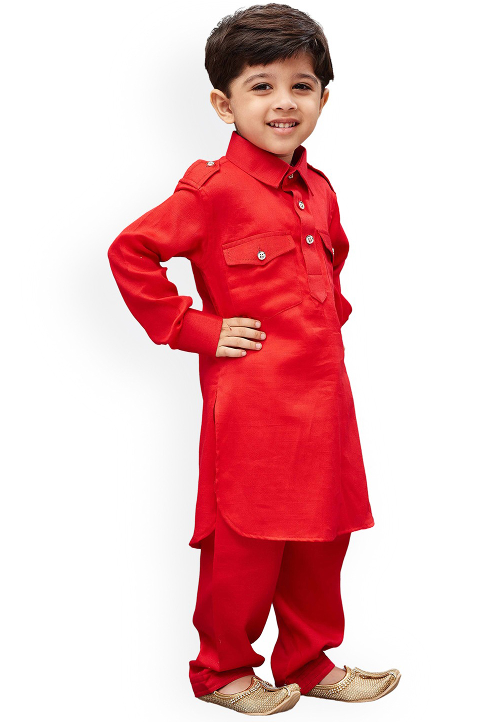 Red Dupion Silk Kids Pathani Suit 226266