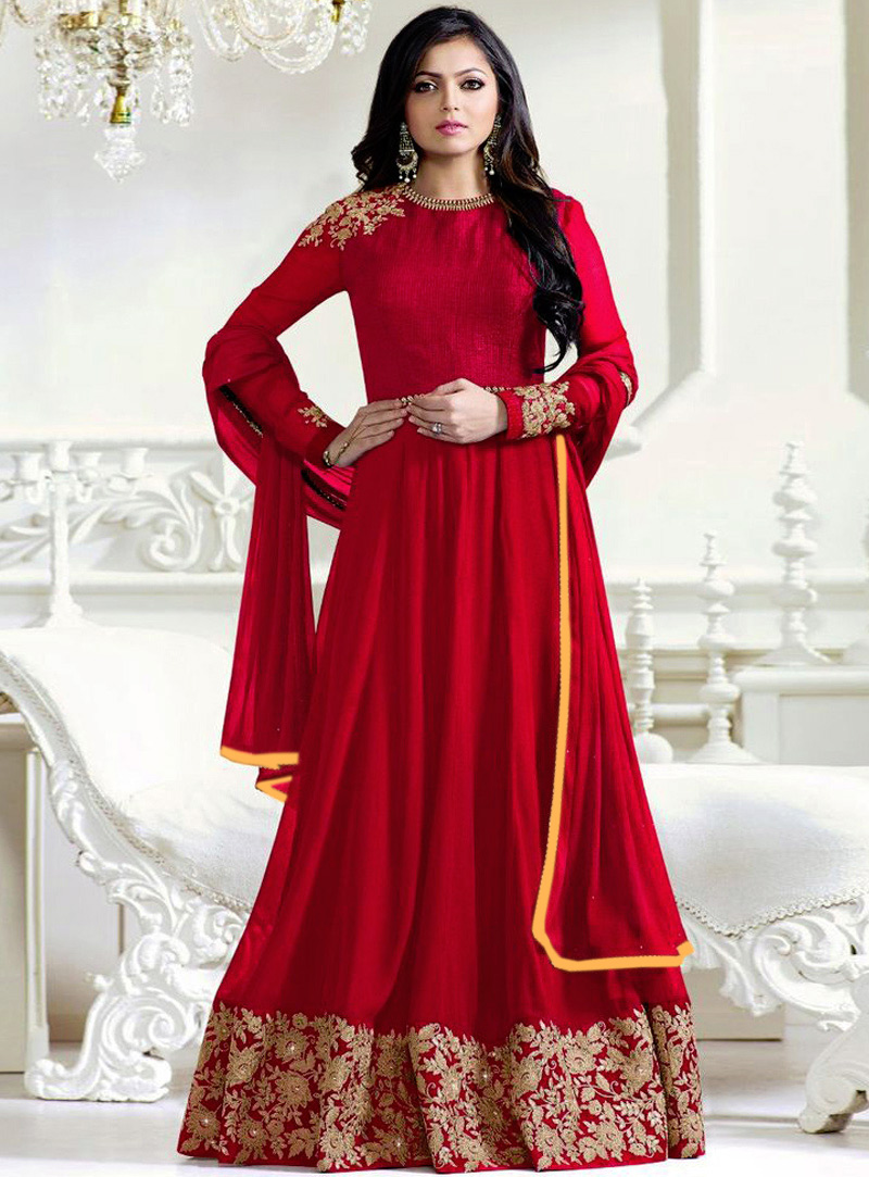 Drashti Dhami Red Georgette Long Anarkali Suit 94817