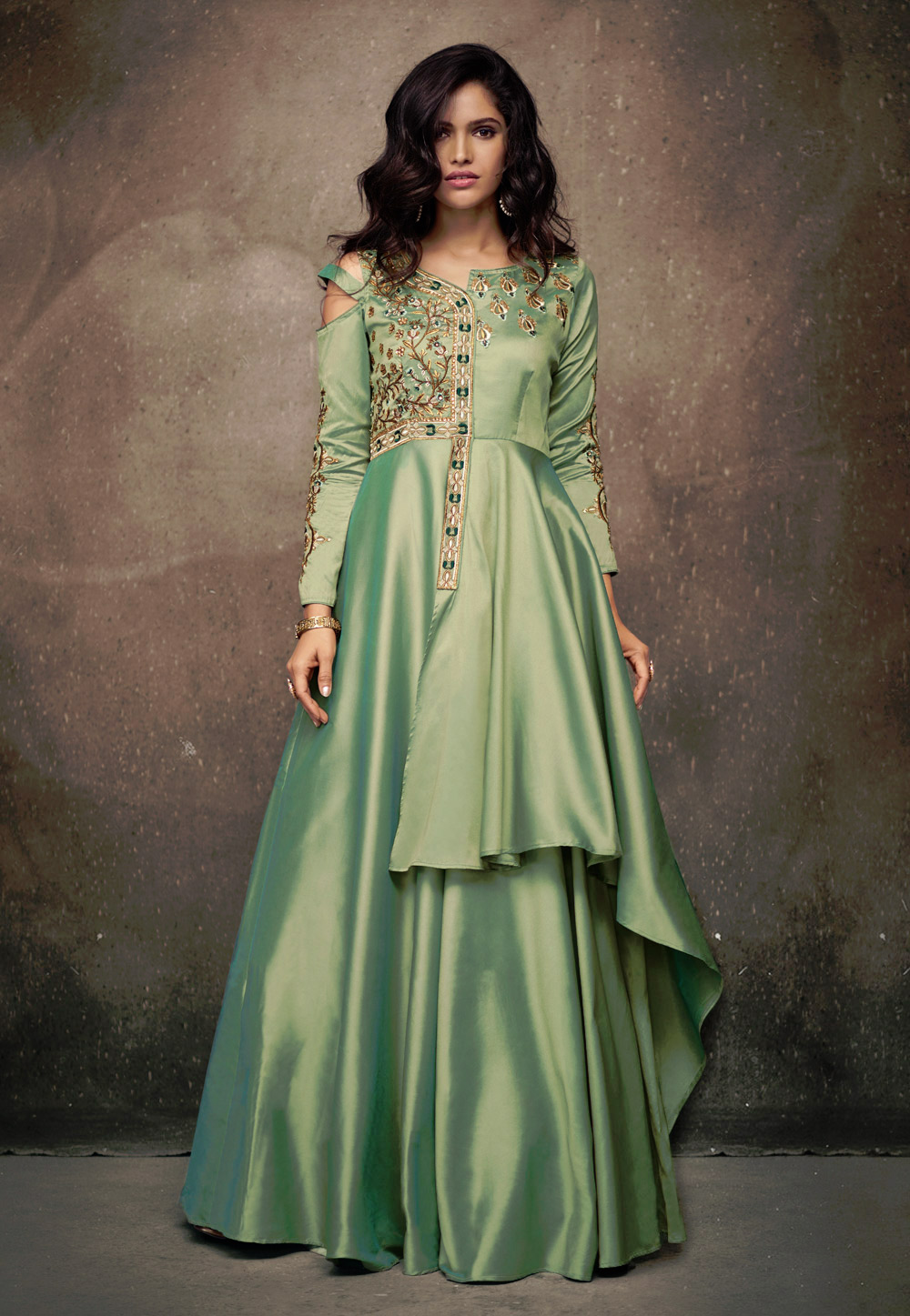 Olive Green Satin Designer Readymade Gown 158643
