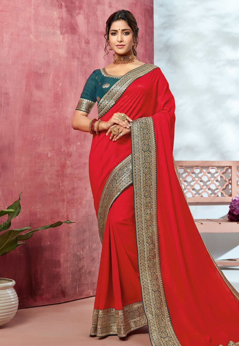 Red Chinon Saree With Blouse 202416
