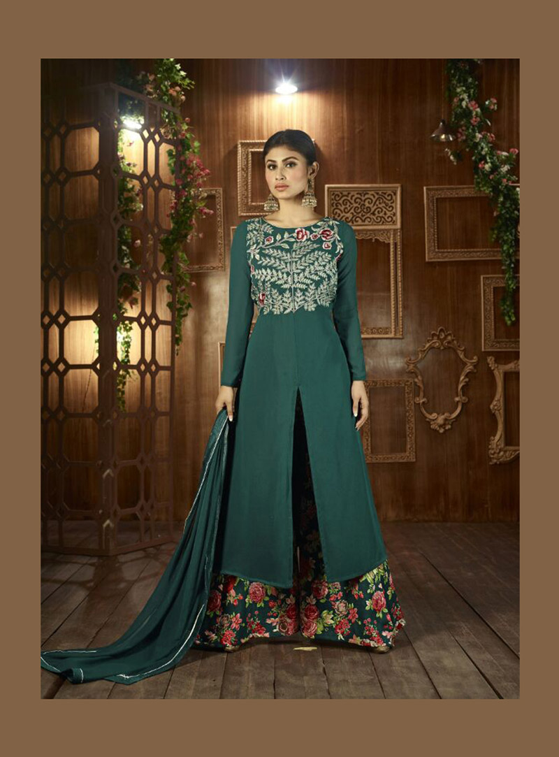Mouni Roy Teal Semi Georgette Palazzo Style Suit 76726