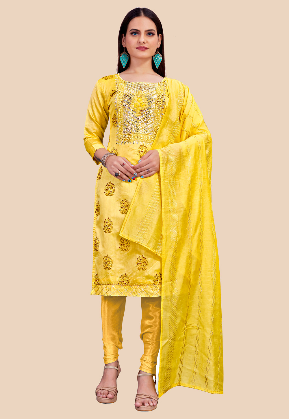 Yellow Chanderi Churidar Suit 237961