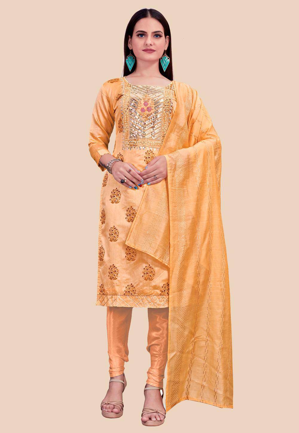 Urban Fashion Churidar Legging Suit in Orange Embroidered Fabric LSTV116723