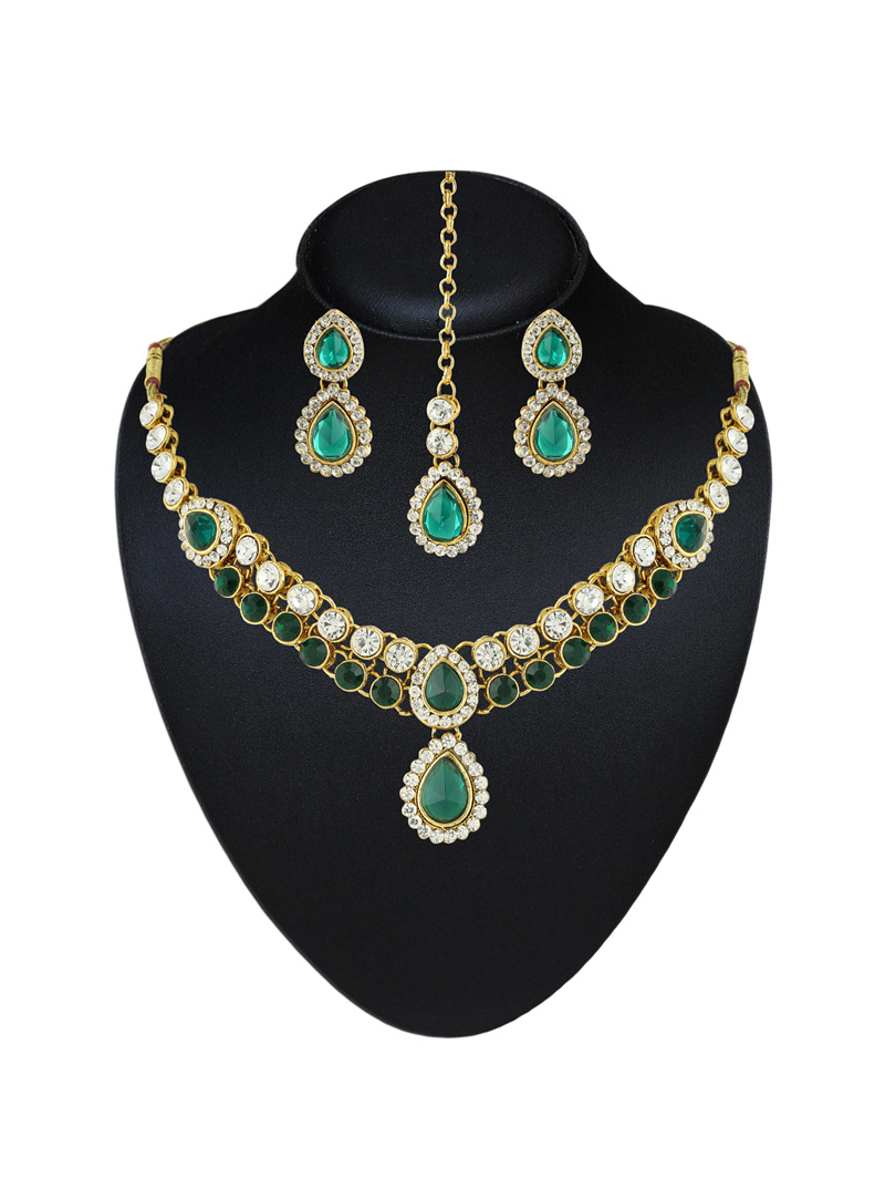 Green Austrian Diamonds Necklace With Earrings and Maang Tikka 88156