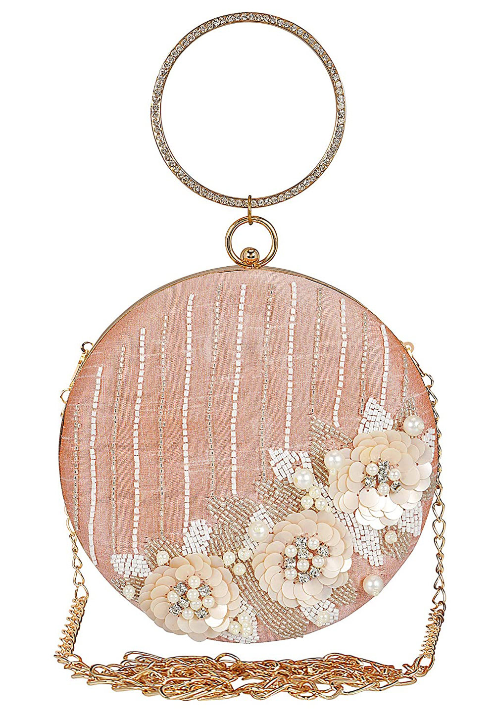 Peach Synthetic Embroidered Clutch 225604