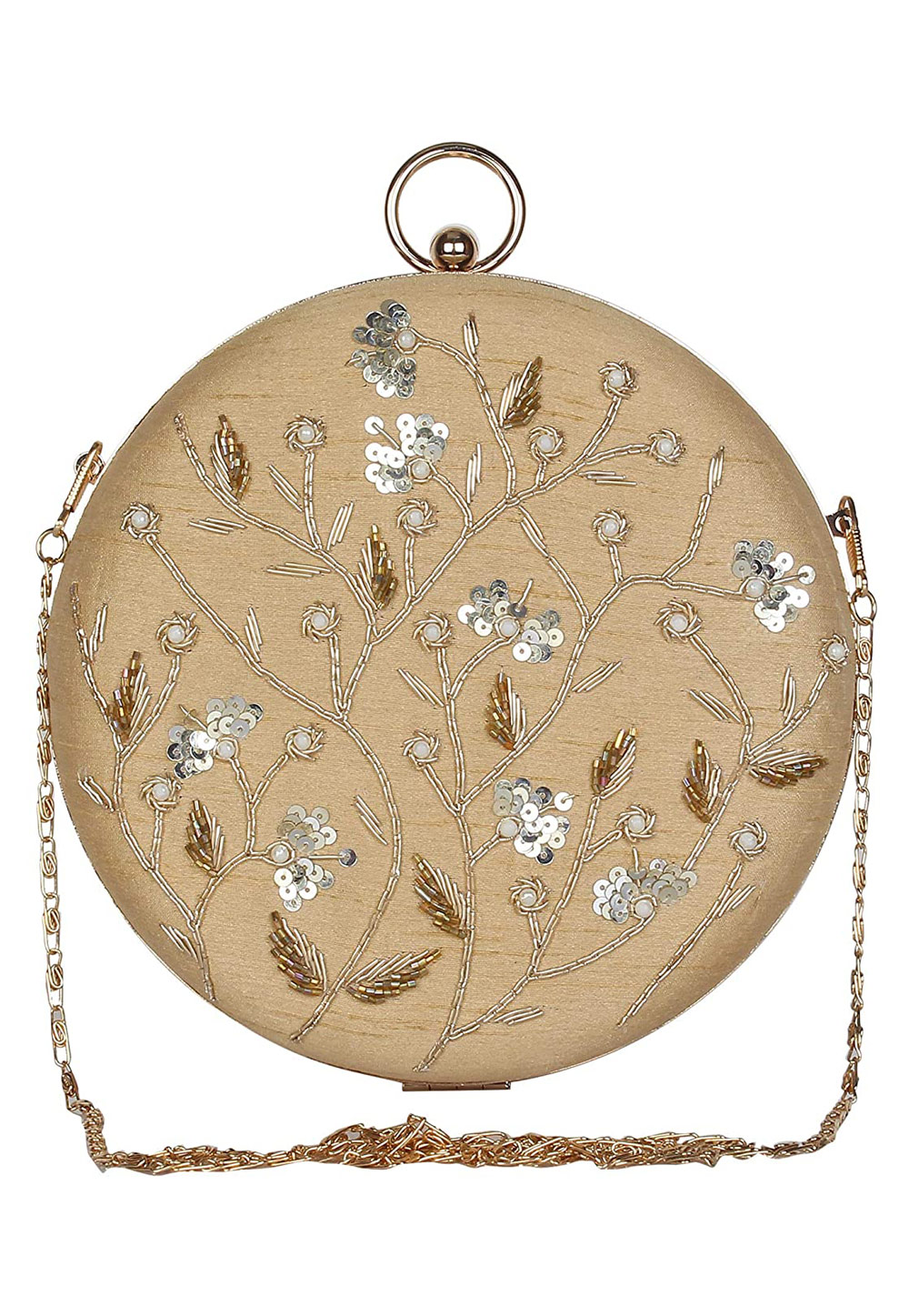 Beige Synthetic Embroidered Clutch 225605