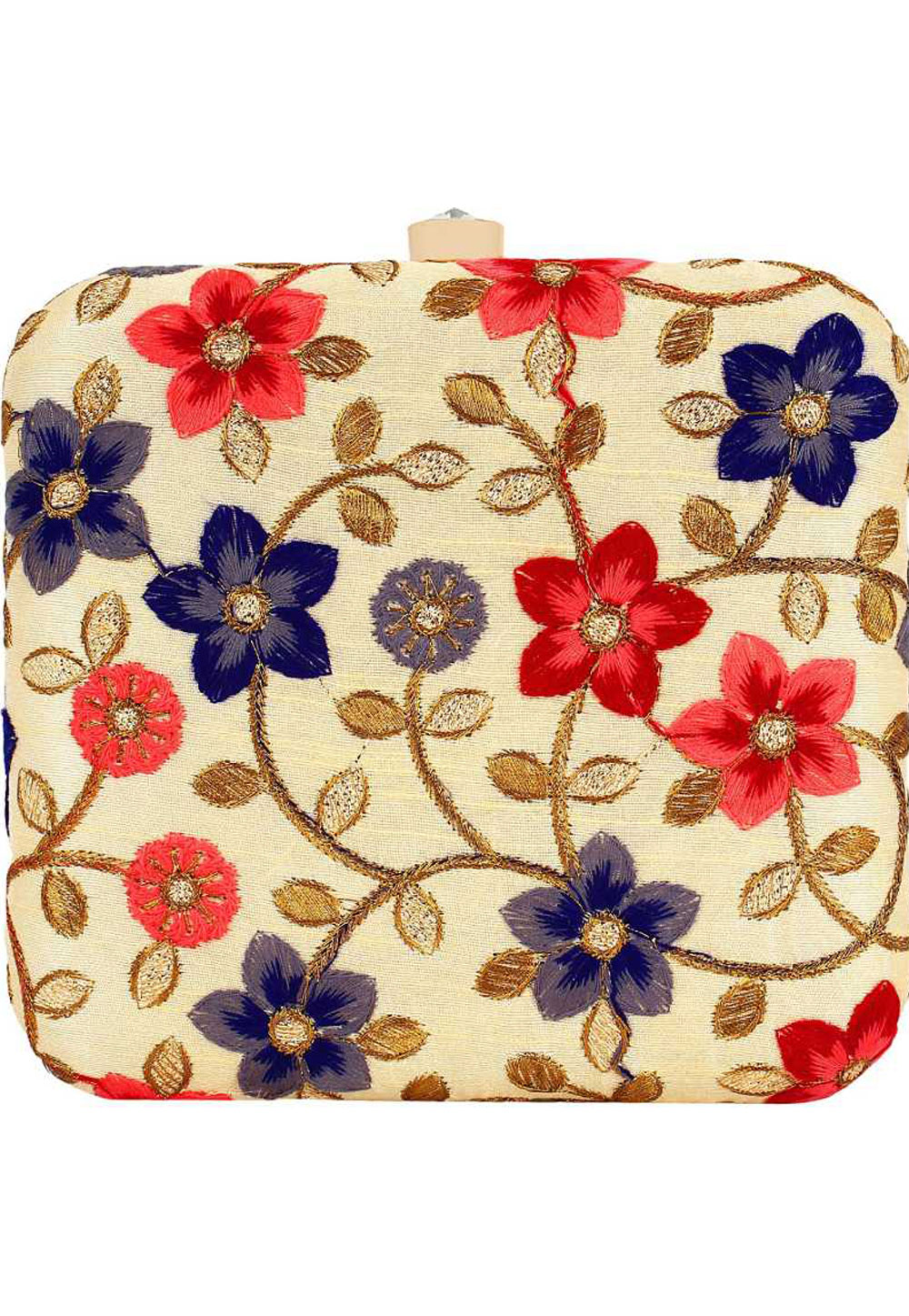 Beige Synthetic Embroidered Clutch 225629