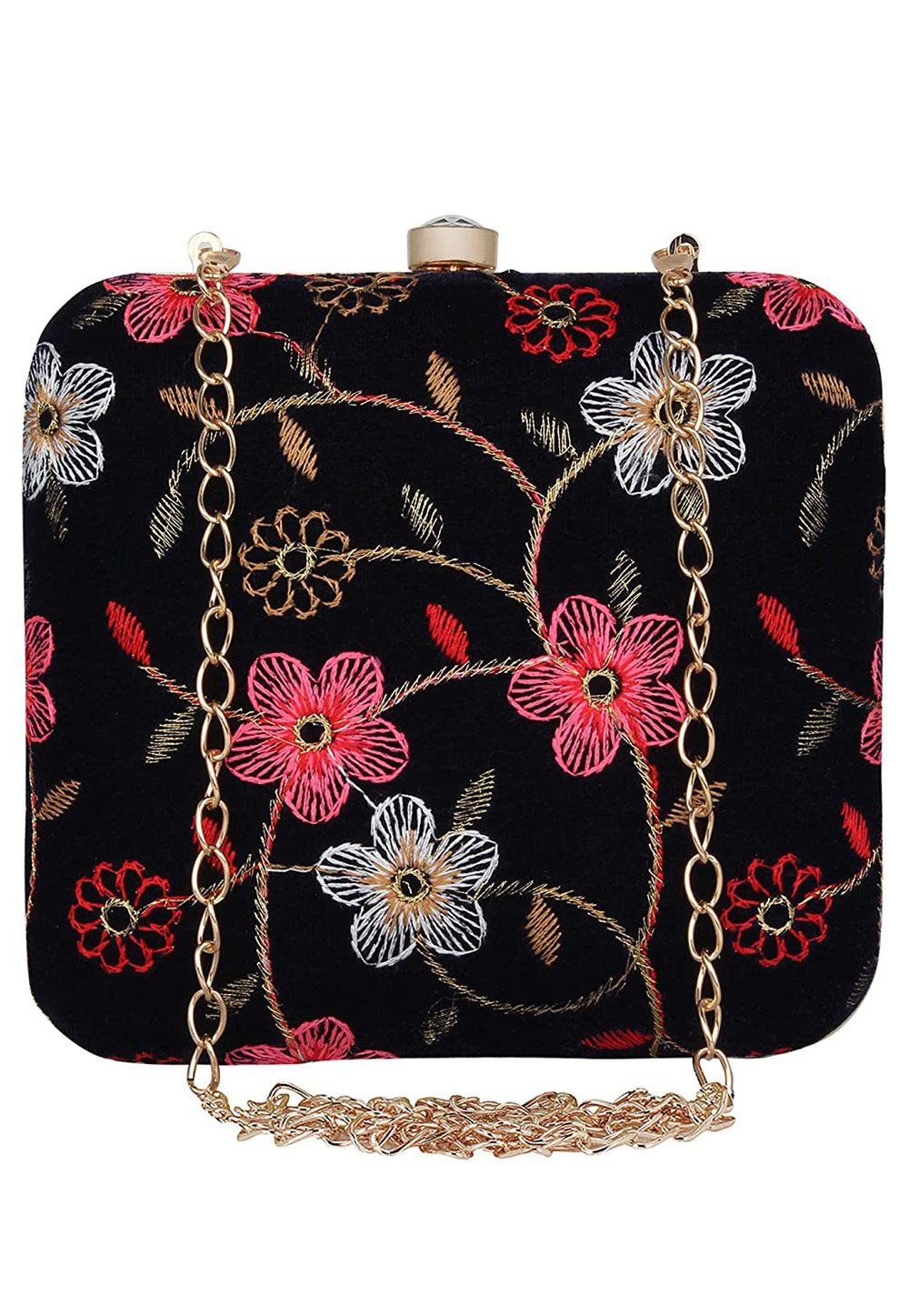 Black Synthetic Embroidered Clutch 225630