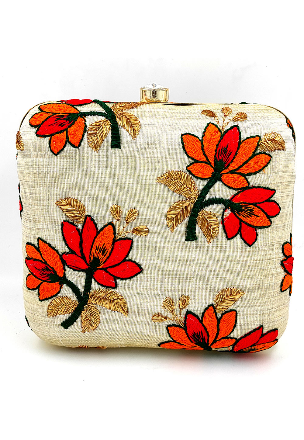 Off White Synthetic Embroidered Clutch 225631
