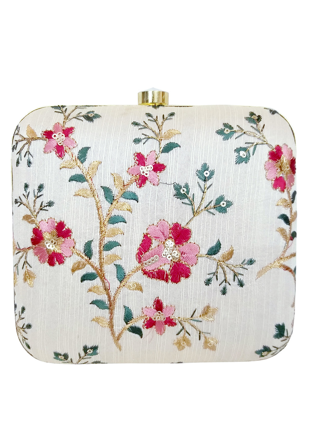 Off White Synthetic Embroidered Clutch 225635