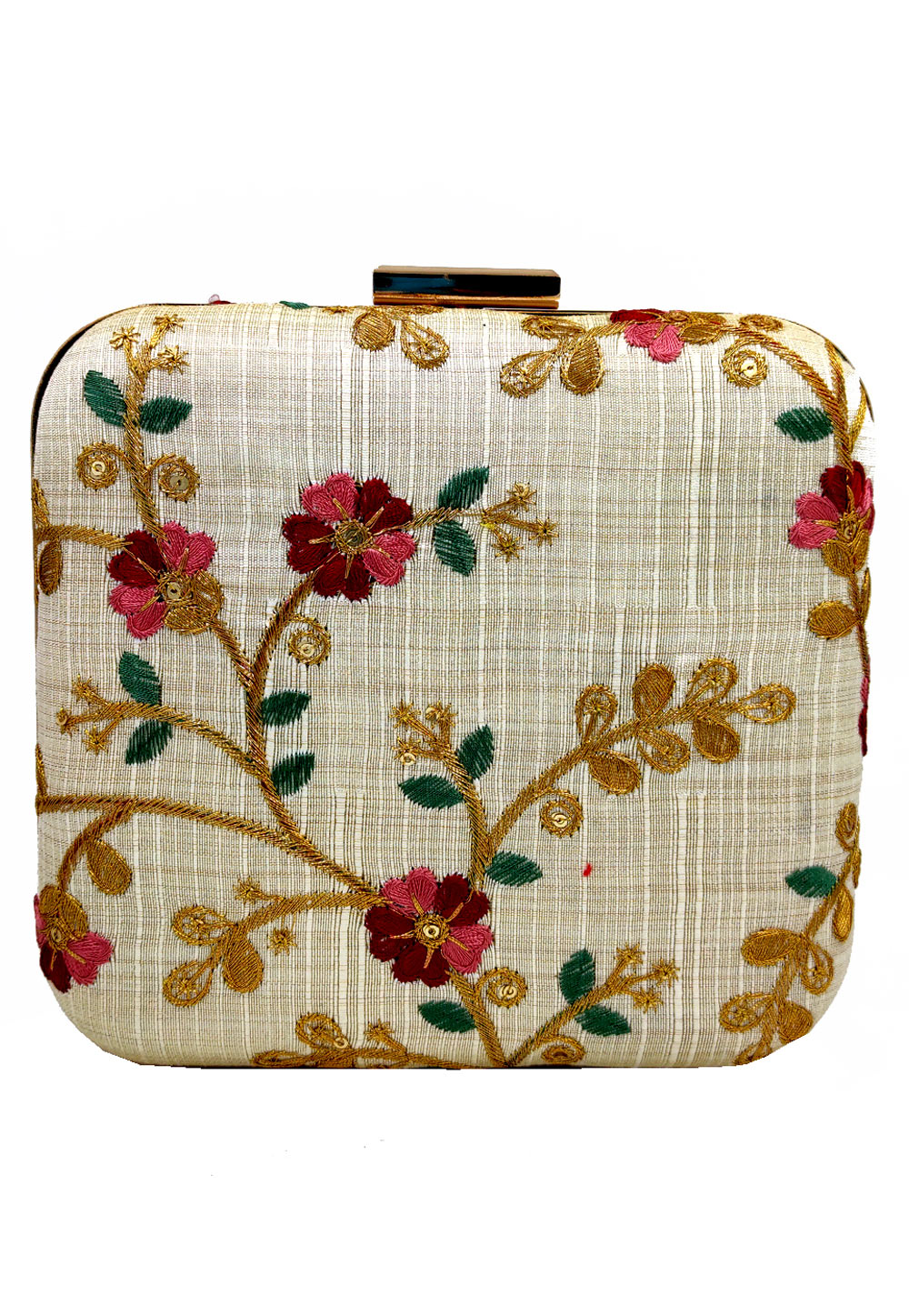 Beige Synthetic Embroidered Clutch 225637
