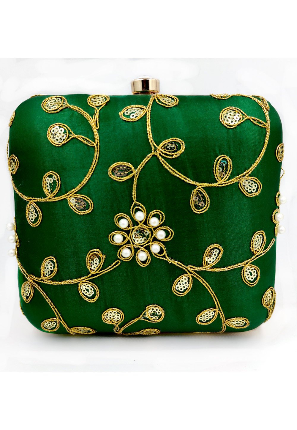 Green Synthetic Embroidered Clutch 225638