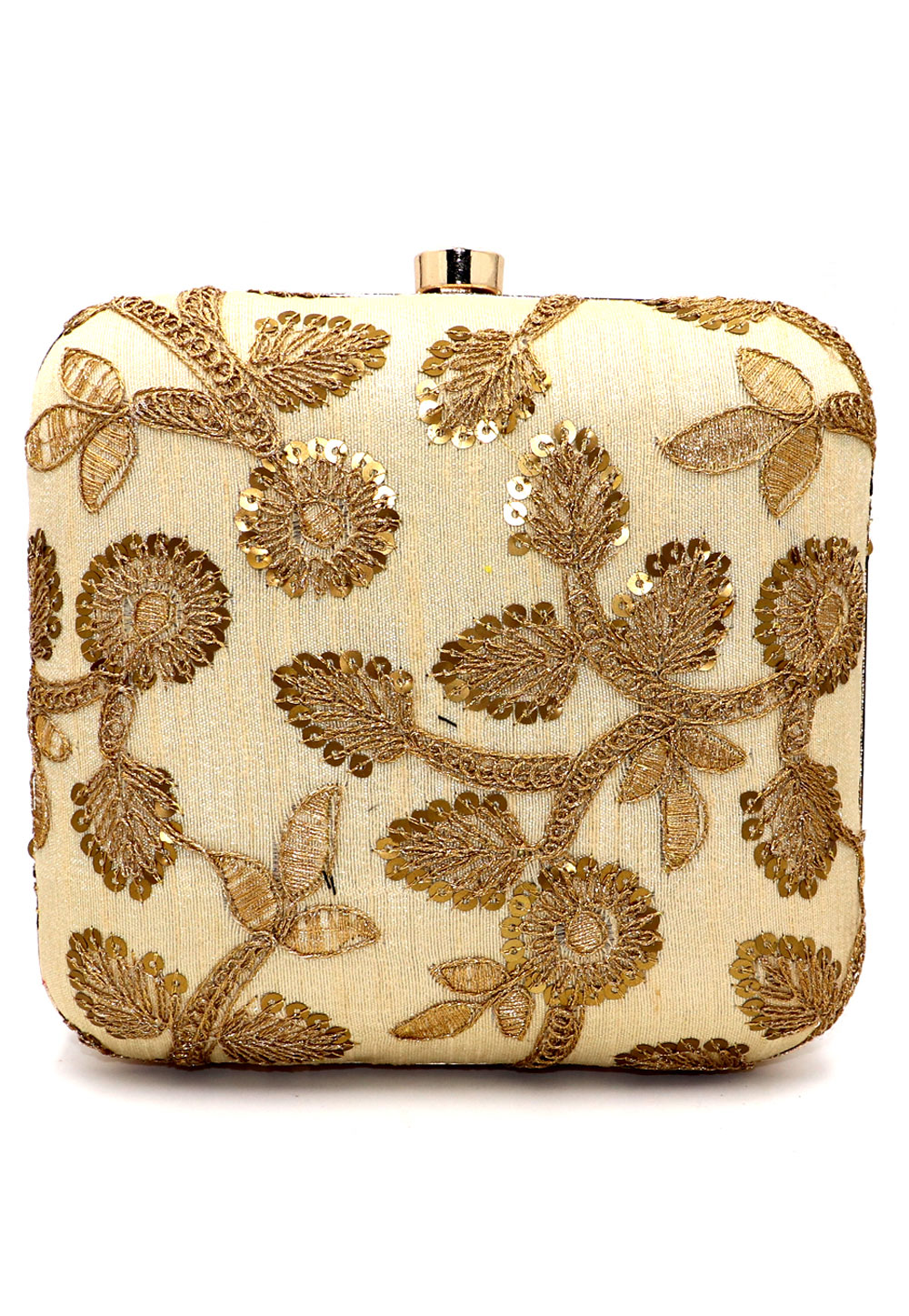 Beige Synthetic Embroidered Clutch 225641