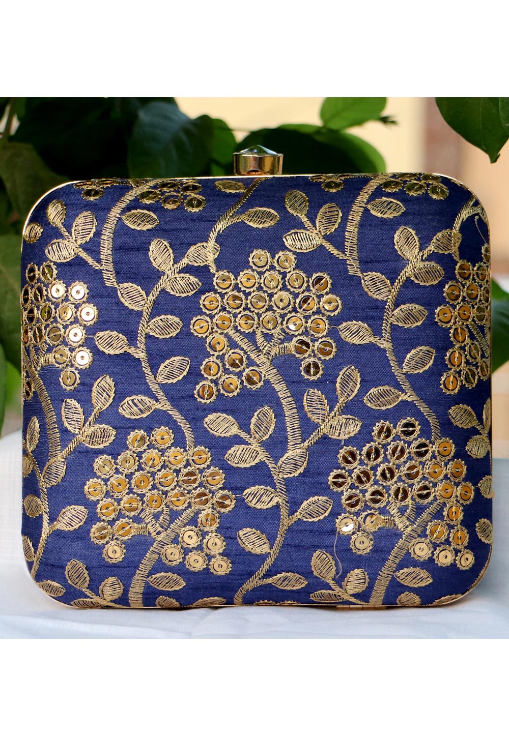 Blue Synthetic Embroidered Clutch 225642