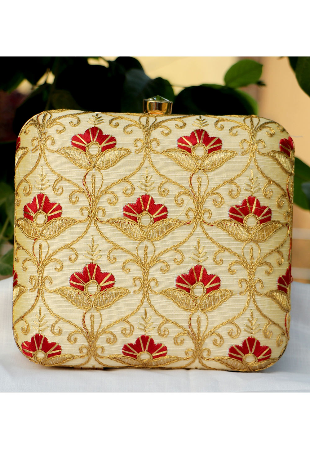 Golden Synthetic Embroidered Clutch 225644