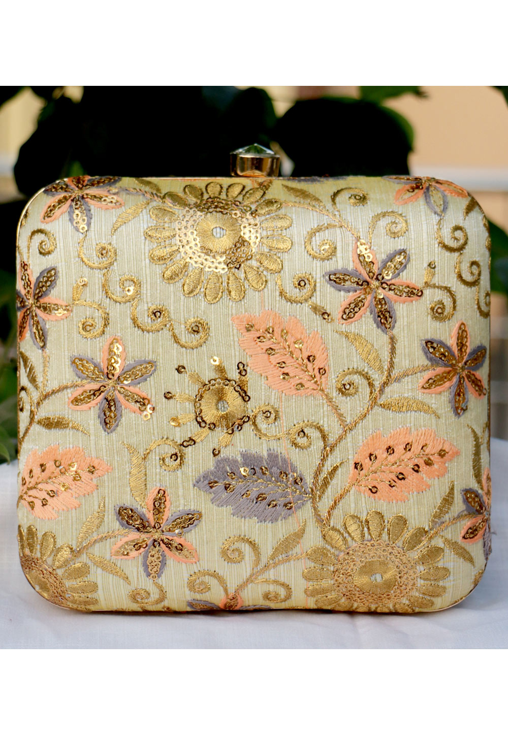 Beige Synthetic Embroidered Clutch 225647