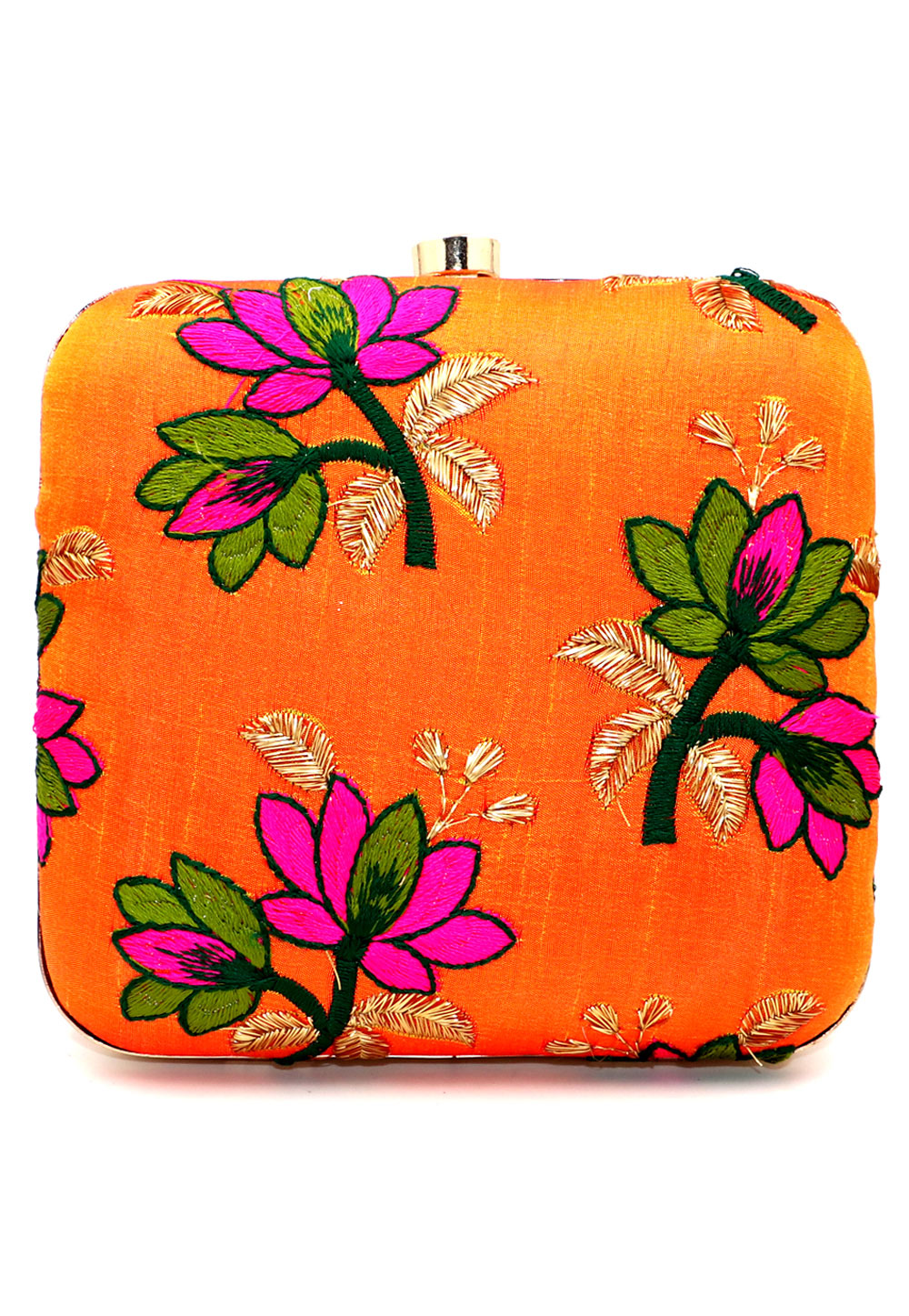 Orange Synthetic Embroidered Clutch 225650