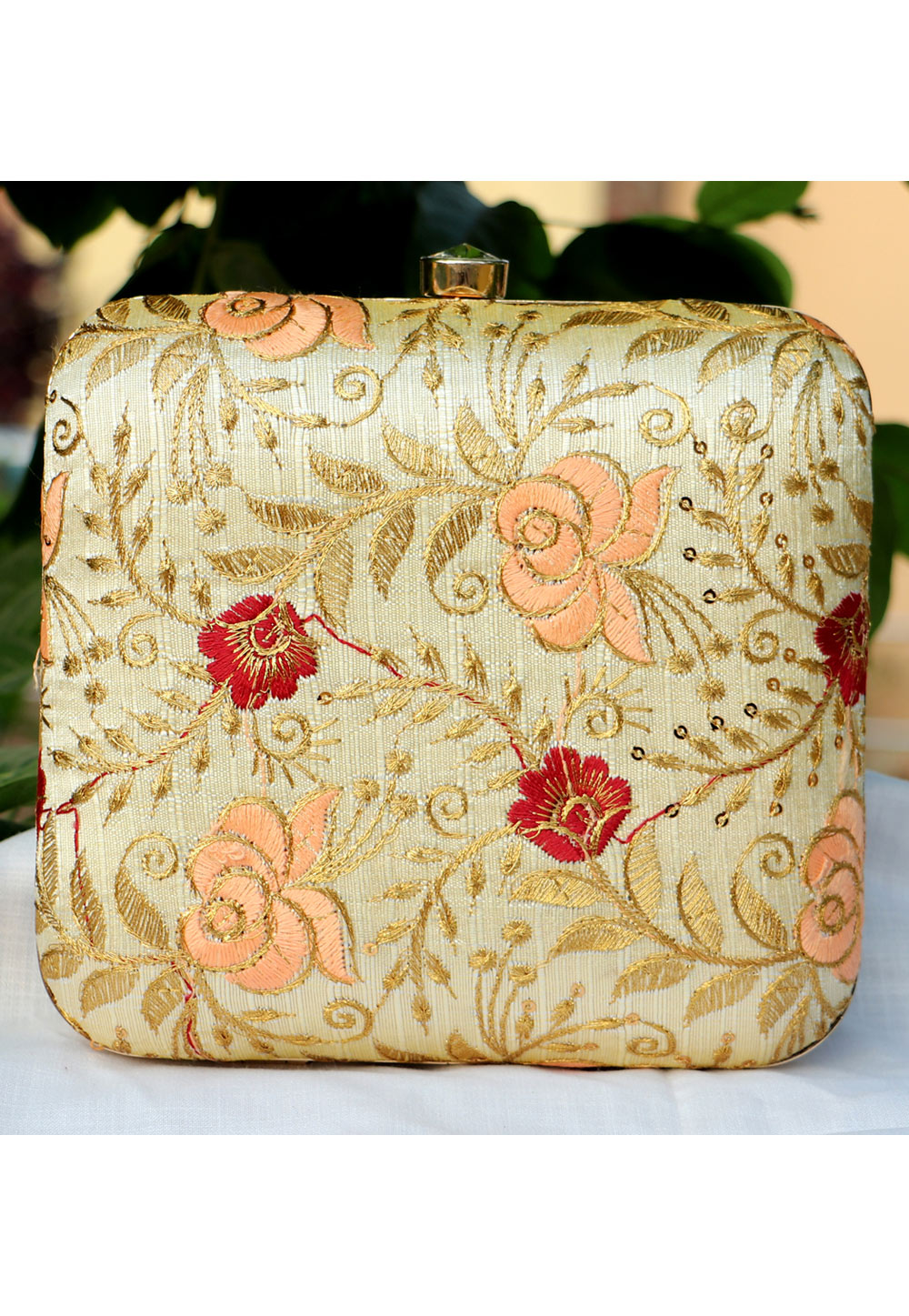 Beige Synthetic Embroidered Clutch 225654