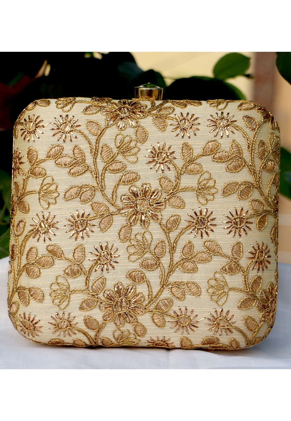 Beige Synthetic Embroidered Clutch 225655