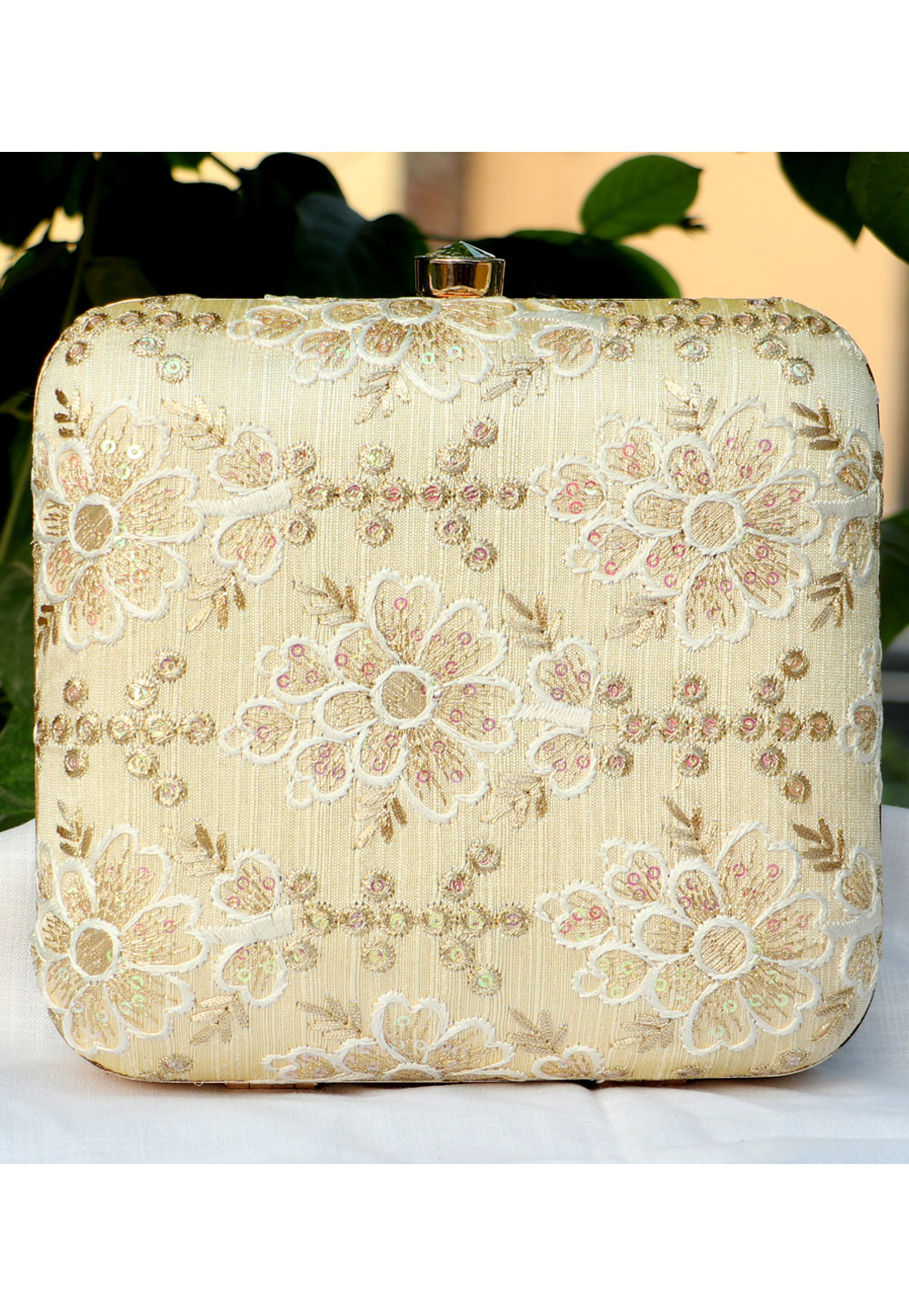 Beige Synthetic Embroidered Clutch 225656