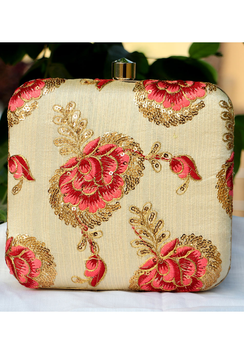 Beige Synthetic Embroidered Clutch 225657