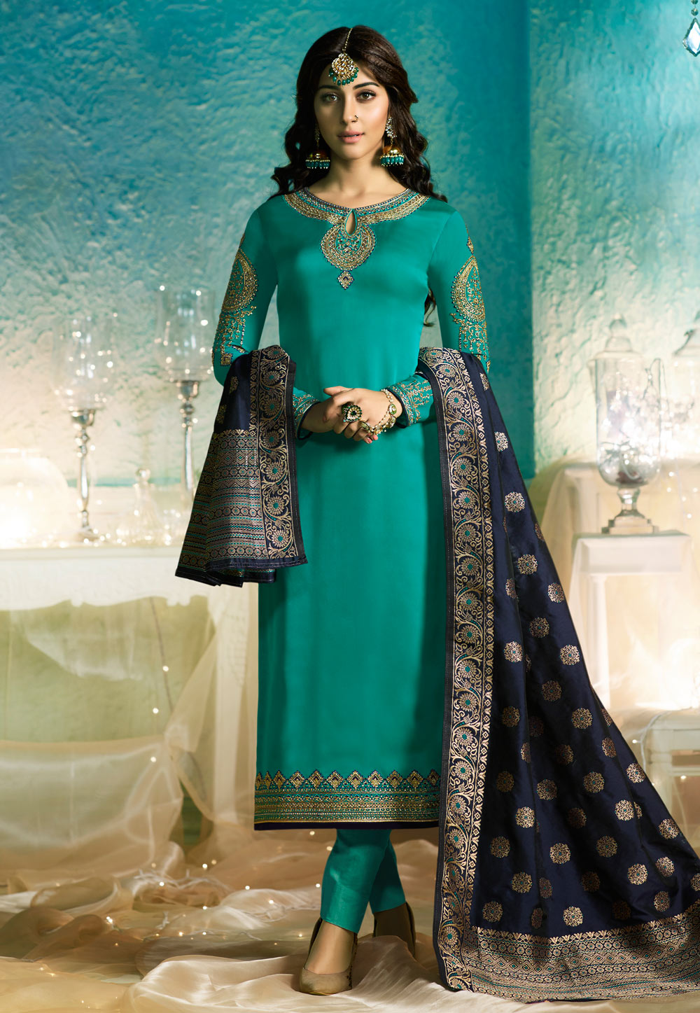 Aqua Satin Pakistani Style Suit 154702