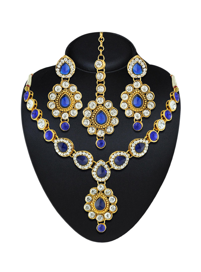 Blue Austrian Diamonds Necklace With Earrings and Maang Tikka 88157
