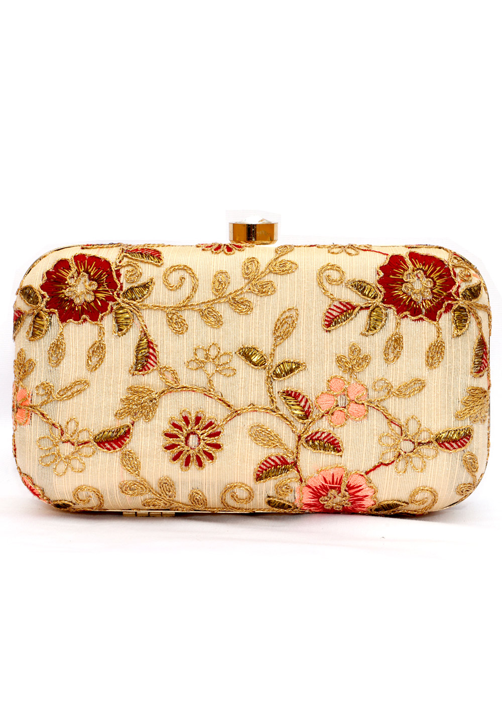 Cream Synthetic Embroidered Clutch 225767