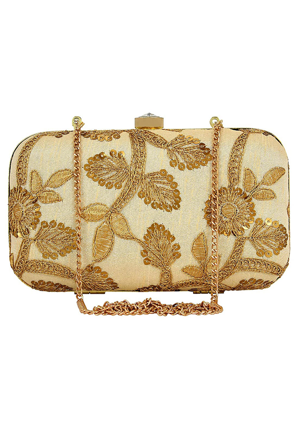 Golden Synthetic Embroidered Clutch 225771