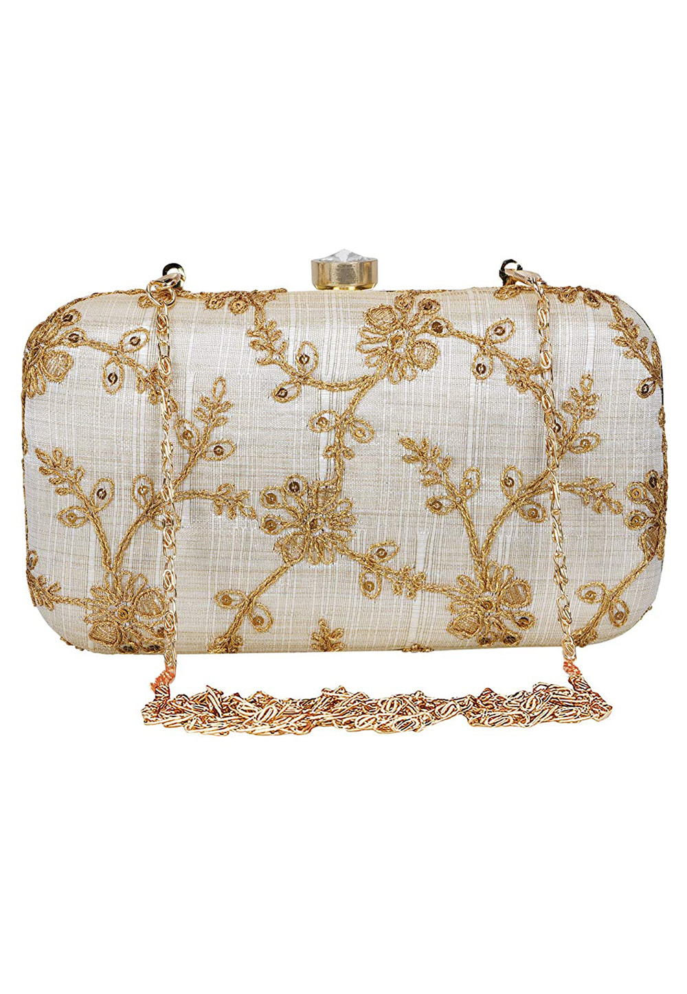 Off White Synthetic Embroidered Clutch 225772