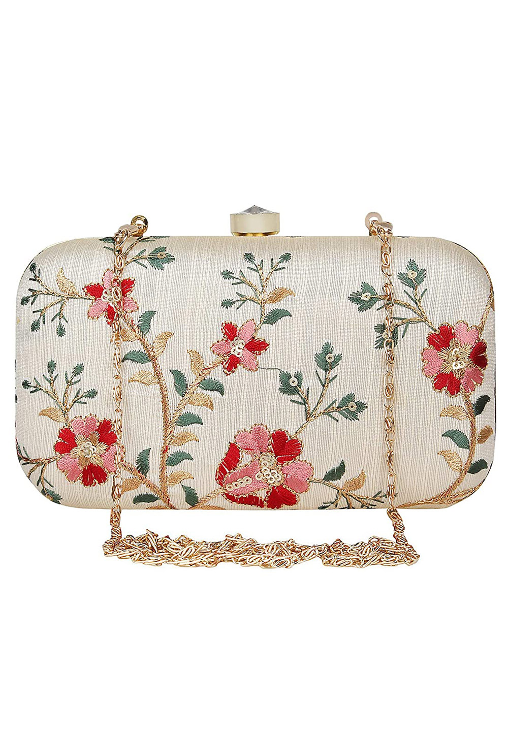 Off White Synthetic Embroidered Clutch 225775