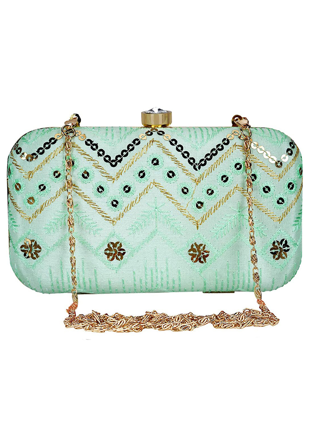 Light Green Synthetic Embroidered Clutch 225776