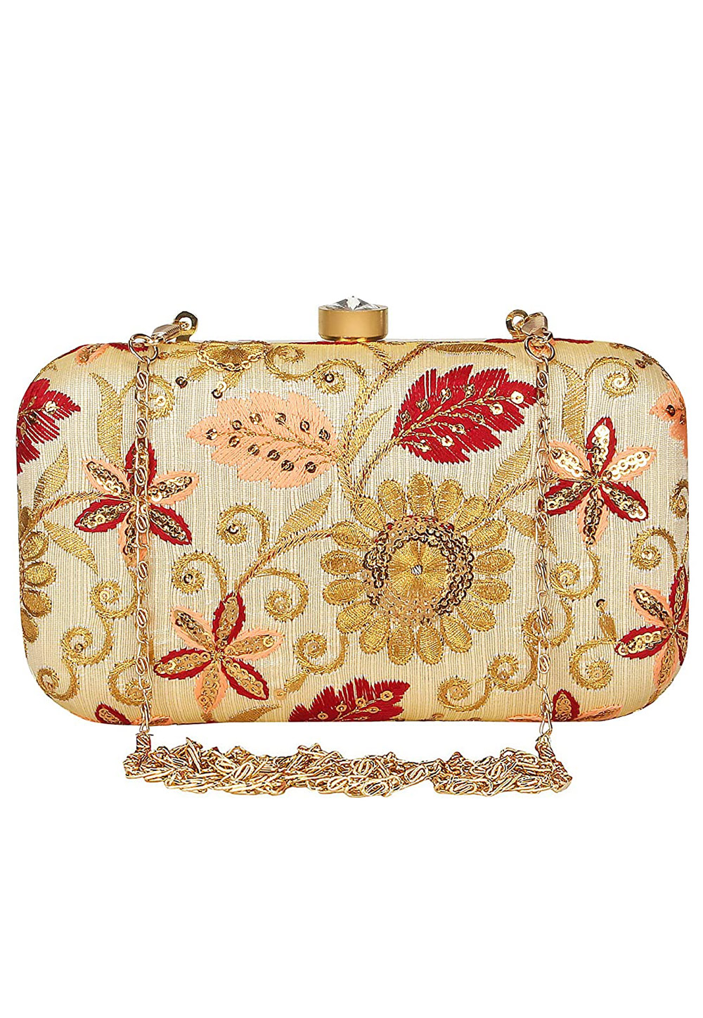 Golden Synthetic Embroidered Clutch 225777