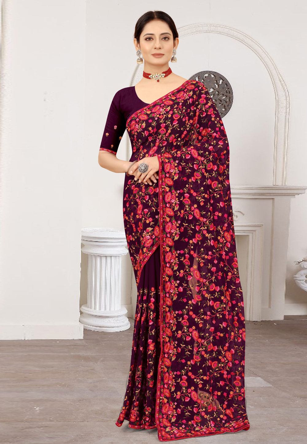 Wine Georgette Saree With Blouse 241609
