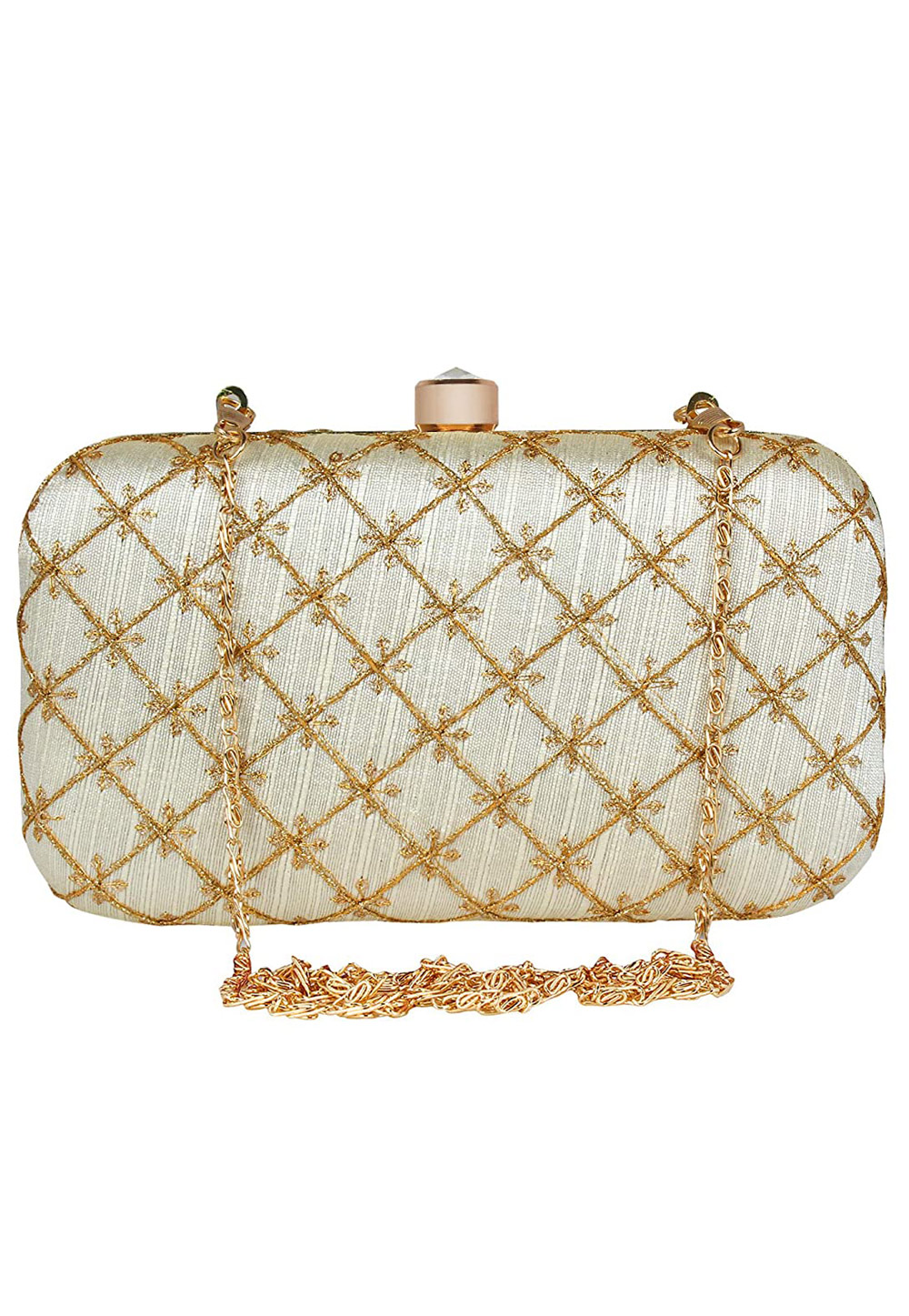 Off White Synthetic Embroidered Clutch 225779