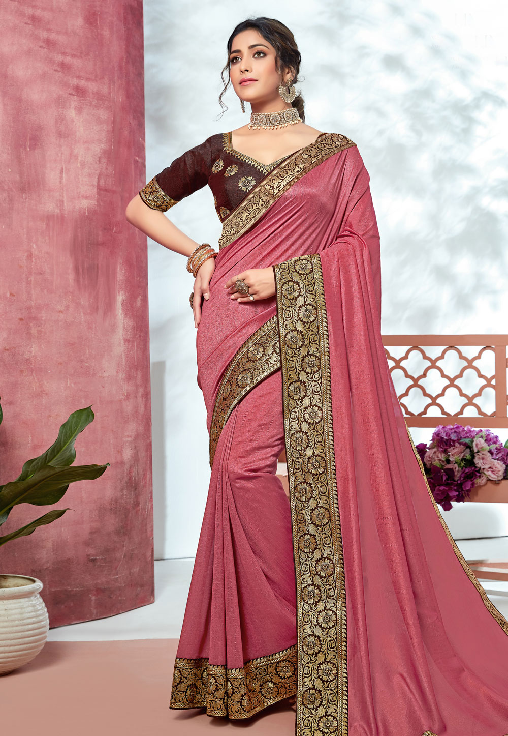 Pink Chinon Saree With Blouse 202418