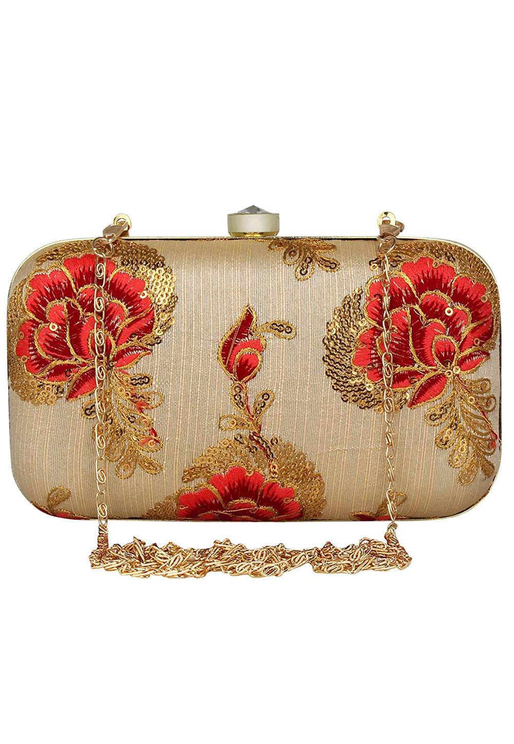 Beige Synthetic Embroidered Clutch 225781