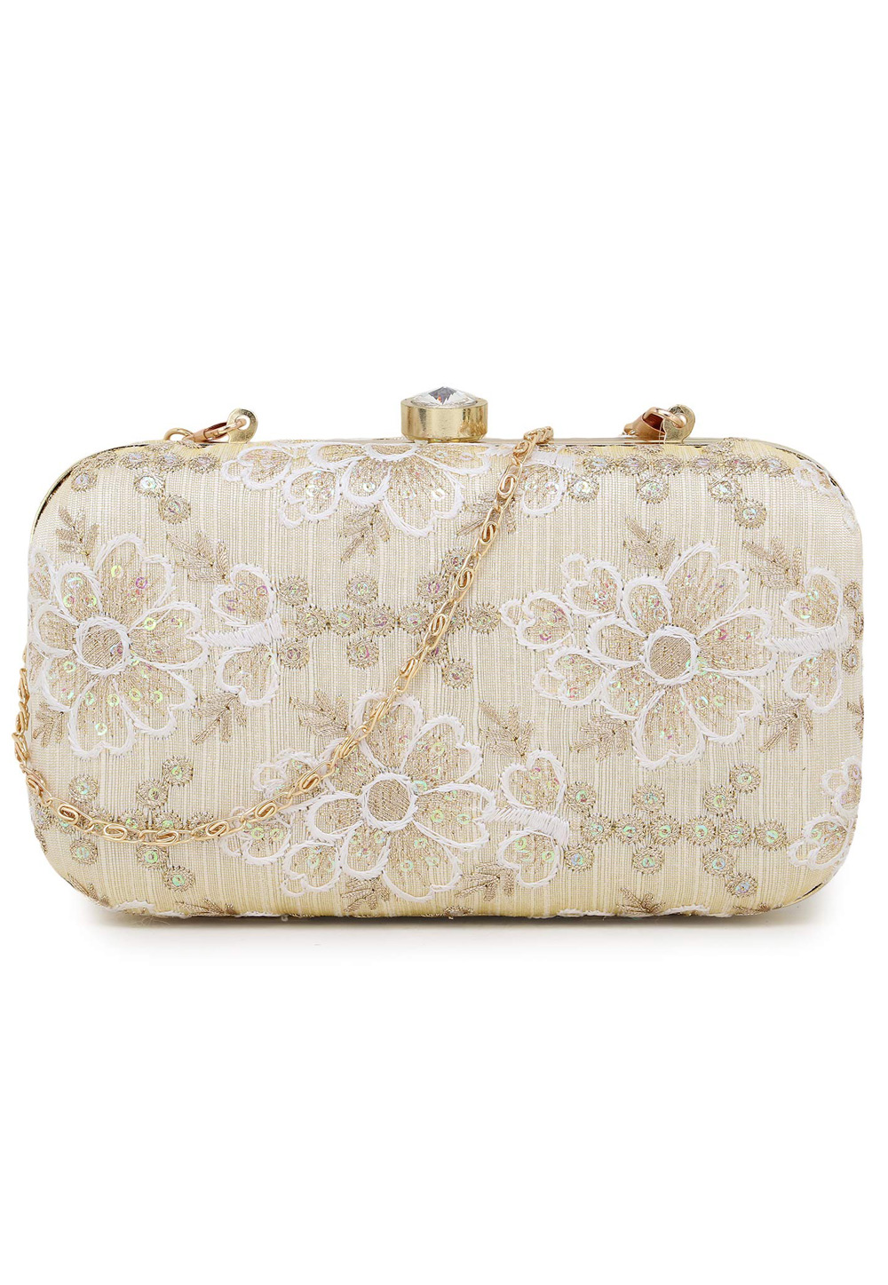 Off White Synthetic Embroidered Clutch 225784