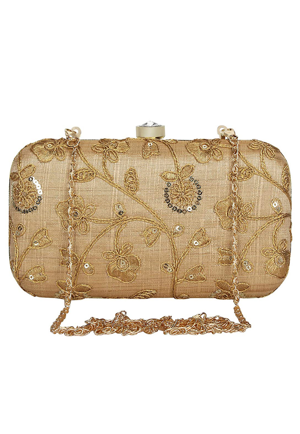 Golden Synthetic Embroidered Clutch 225785