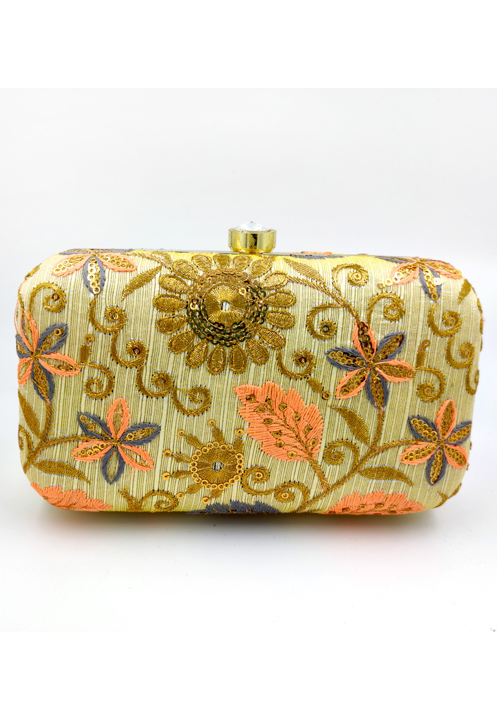 Light Green Synthetic Embroidered Clutch 225786