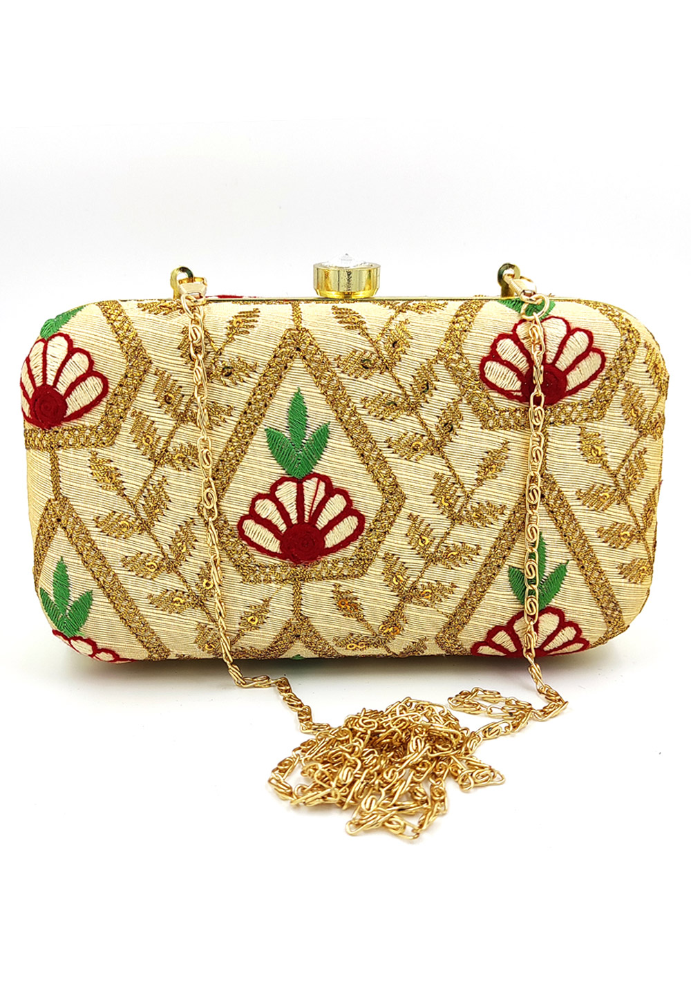 Golden Synthetic Embroidered Clutch 225787