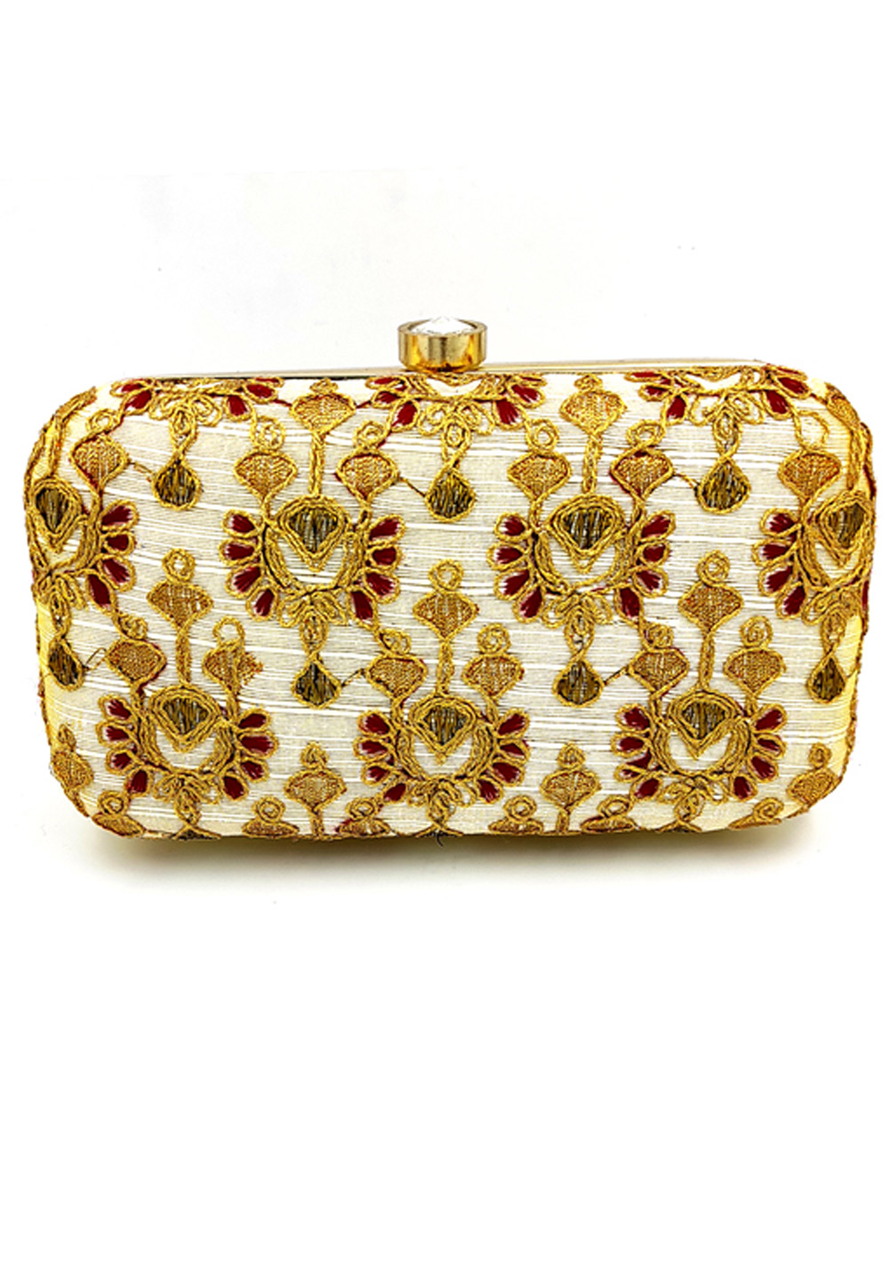 Off White Synthetic Embroidered Clutch 225794