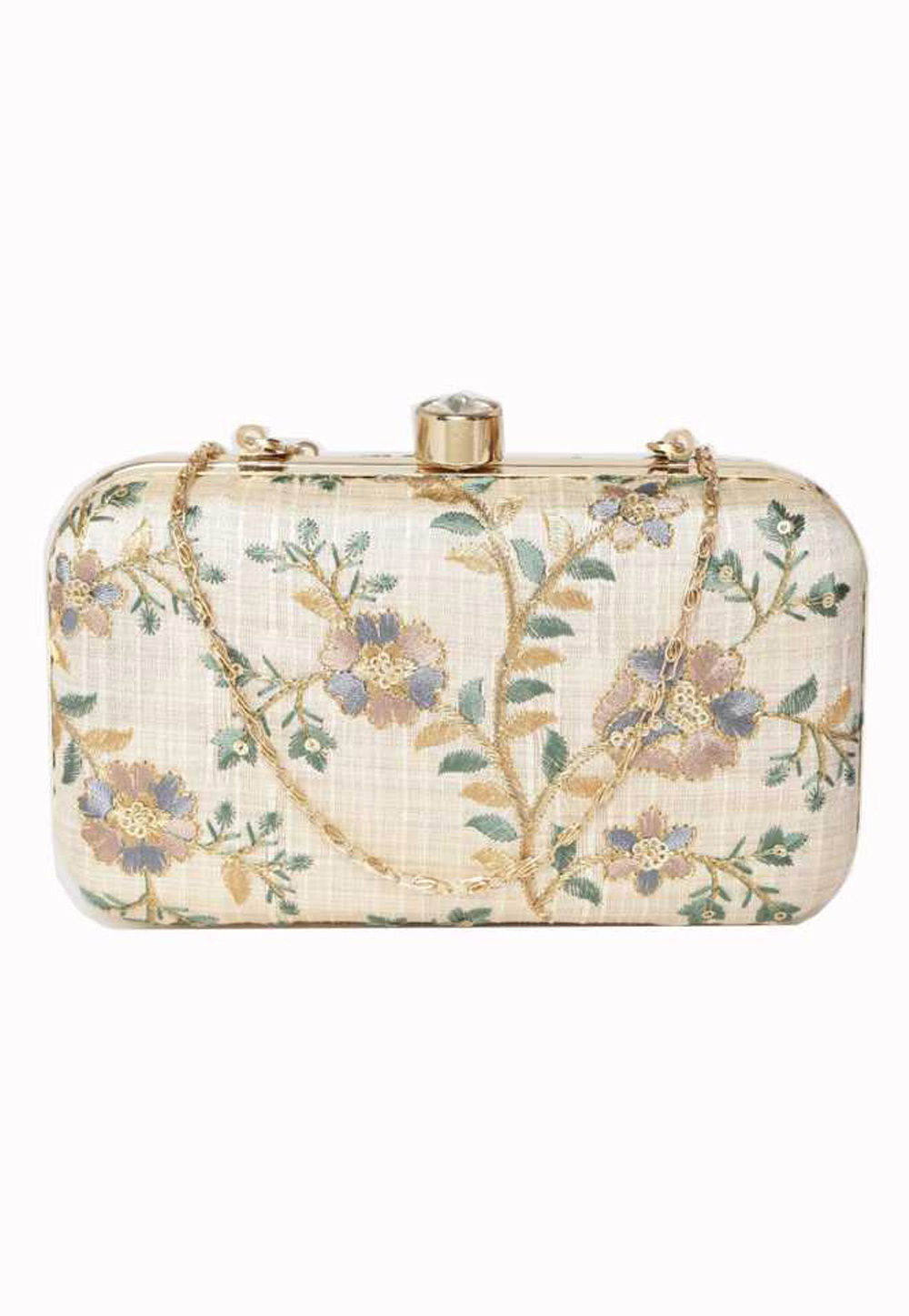 Off White Synthetic Embroidered Clutch 225801